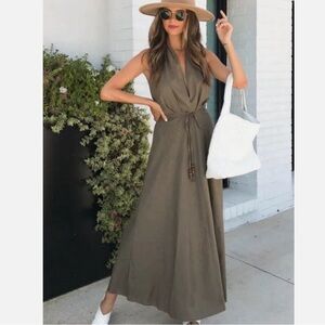 Zara linen blend halter khaki midi maxi dress blogger favorite size M